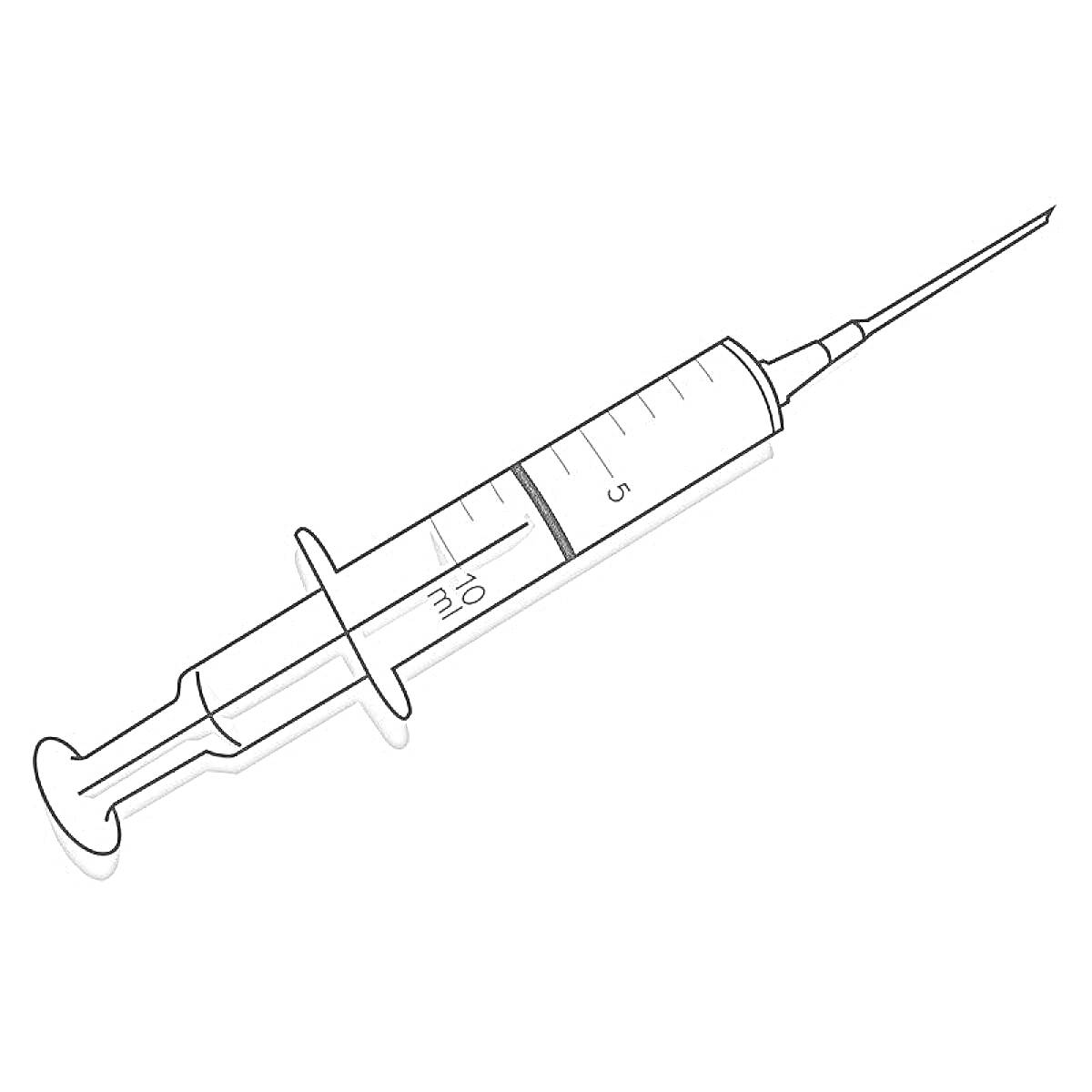 На раскраске изображено: Шприц, Инъекция, Медицинский инструмент, Лекарство, Медицина, Укол, Врач, Лечение, Здоровье