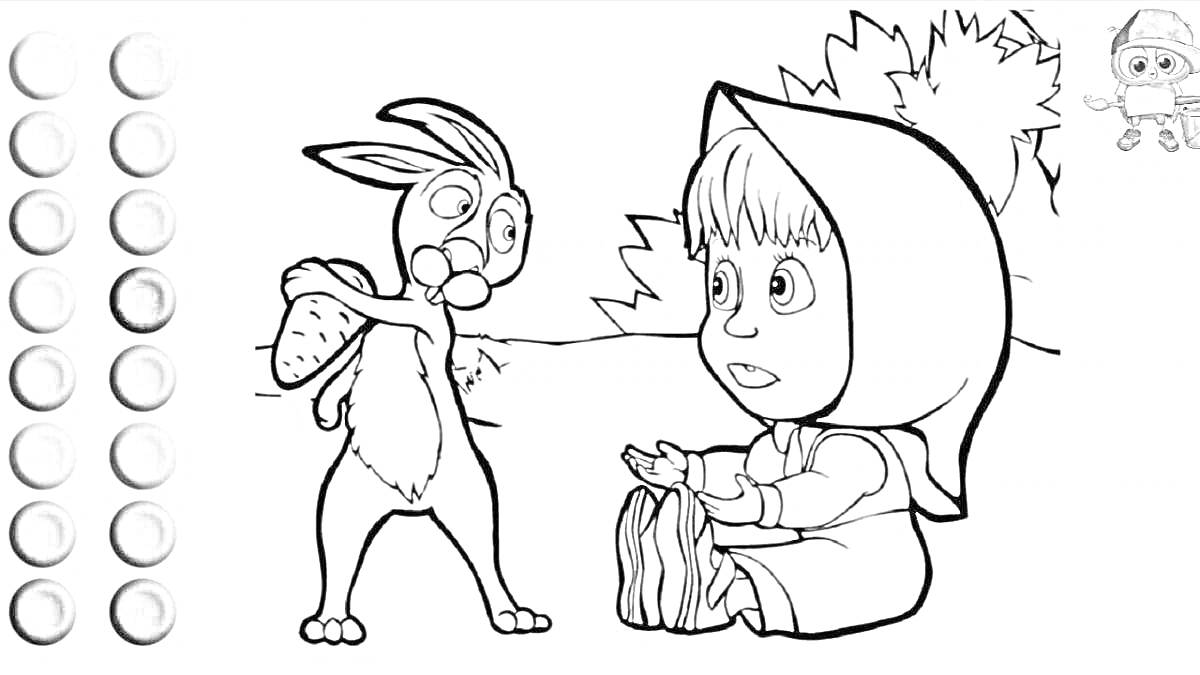Раскраска Девочка в капюшоне разговаривает с кроликом в лесу
