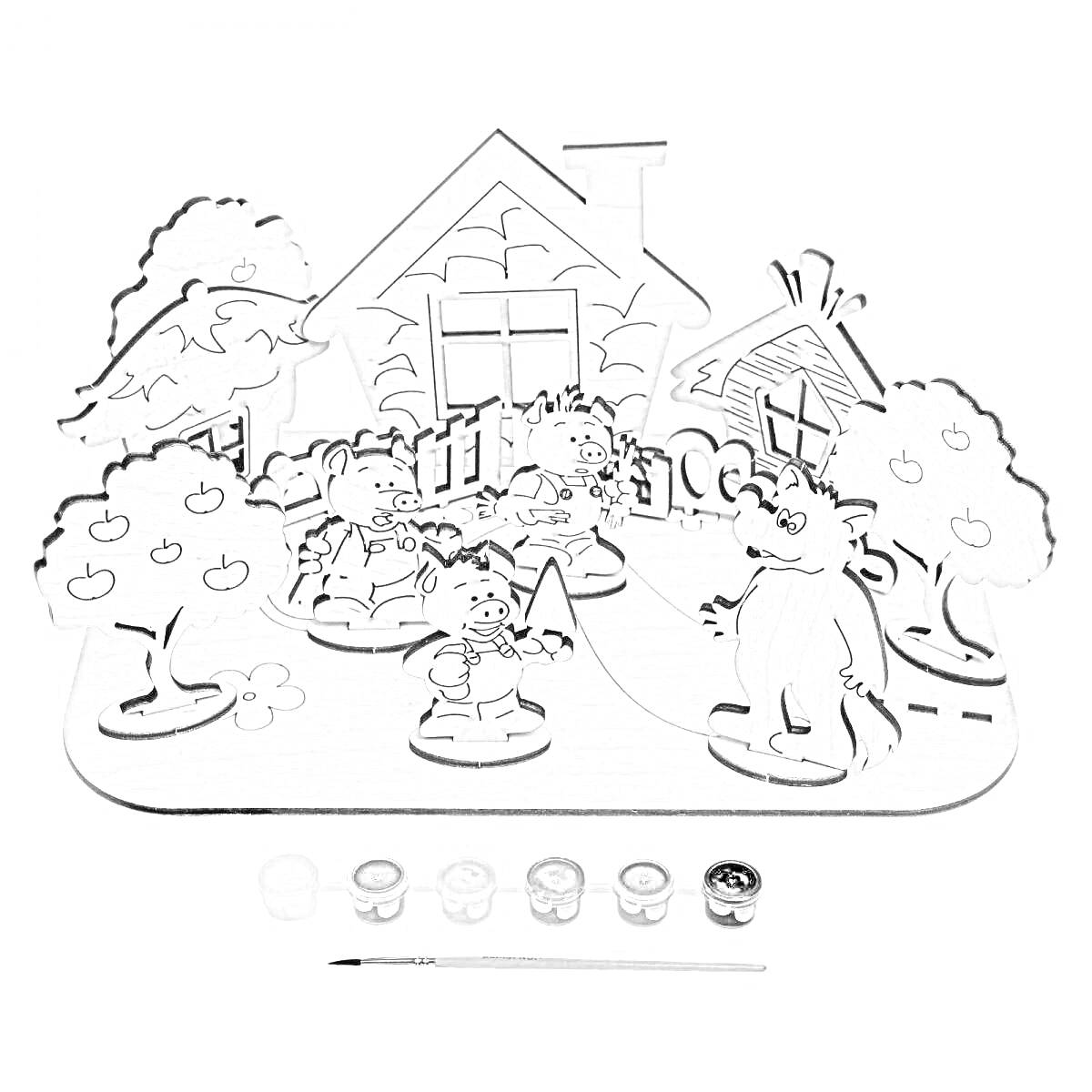 На раскраске изображено: Деревянный конструктор, Домик, Деревья, Животные, Творчество