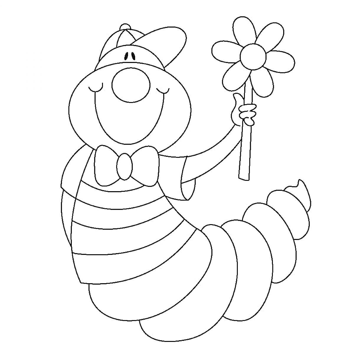 Раскраска Гусеница в кепке с цветком