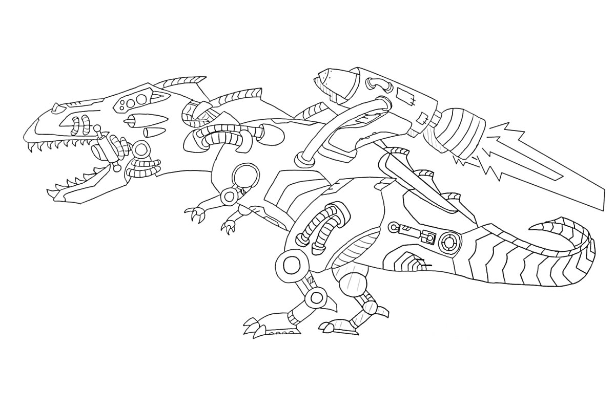 На раскраске изображено: Скричеры, Для мальчиков, Робот, Динозавр, Меха, Пушка, Техника