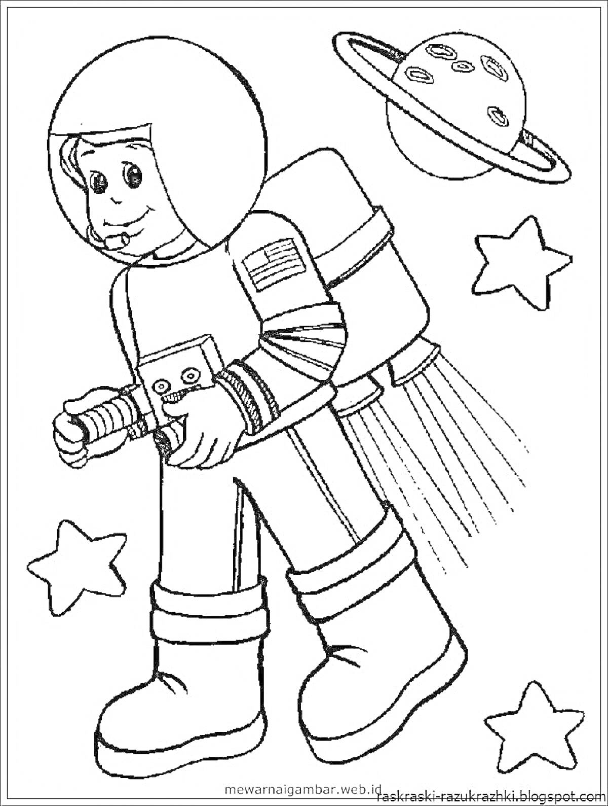 Раскраска Астронавт с ракетным ранцем, звезды и планета
