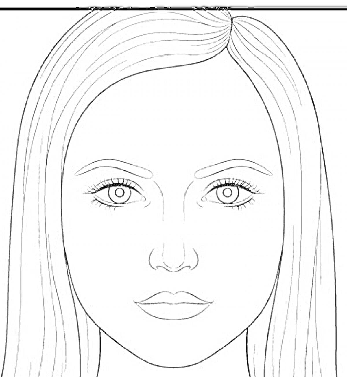 Раскраска Лицо с длинными прямыми волосами, большими глазами и аккуратными губами