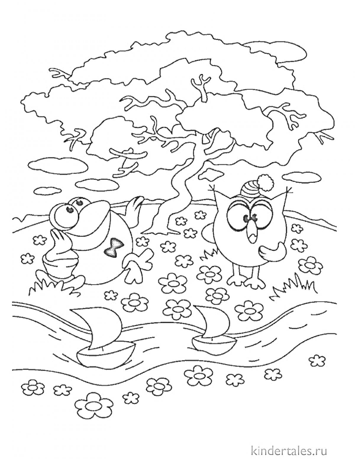 На раскраске изображено: Смешарики, Зима, Природа, Река, Цветы, Парусники, Облака