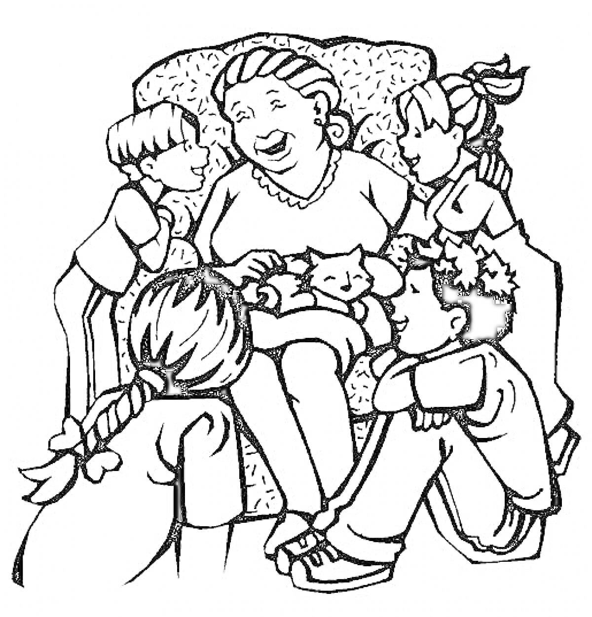 Раскраска Бабушка с детьми и кошкой на кресле