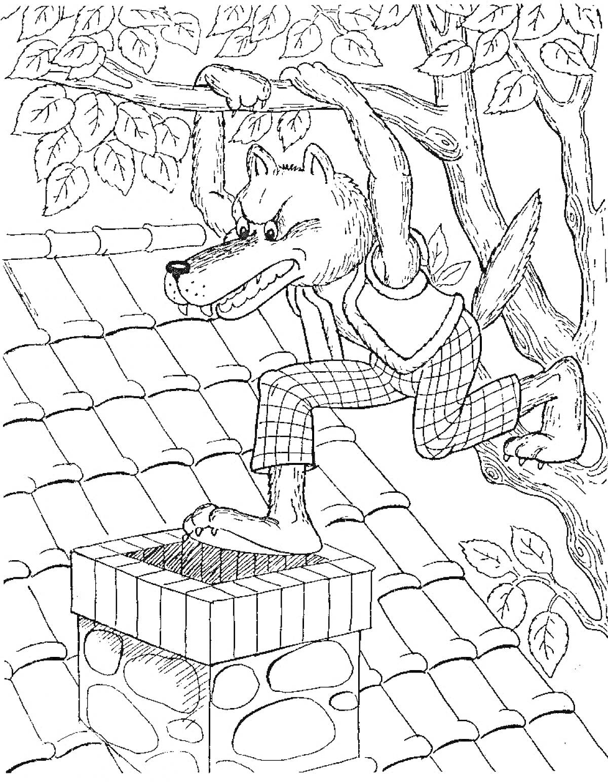 На раскраске изображено: Волк, Крыша, Дымоход, Листья, Три поросенка, Из сказок, Деревья