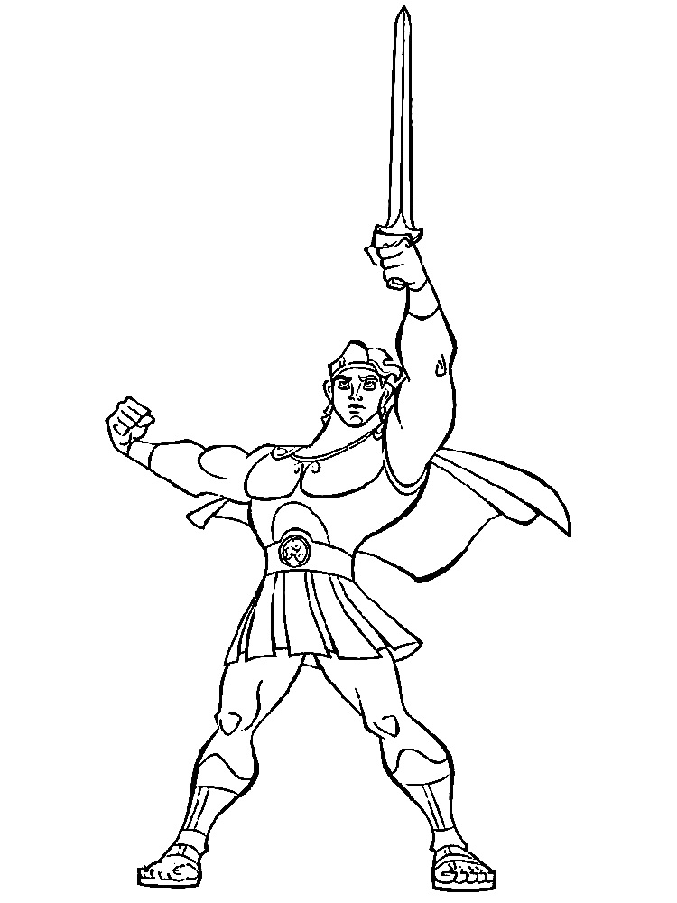Раскраска Геркулес с поднятым мечом и сжатыми кулаками