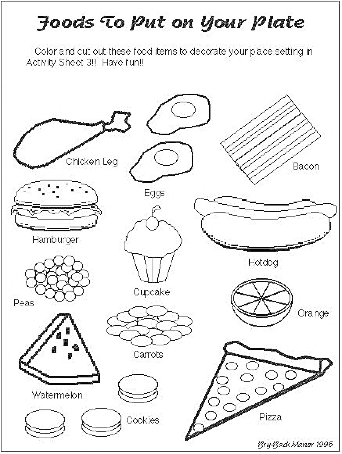 Раскраска Набор продуктов питания (голень, яйца, бекон, гамбургер, кекс, хот-дог, горошек, апельсин, арбуз, морковь, печенье, пицца)