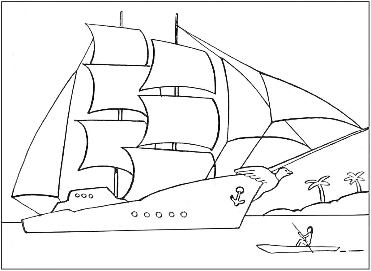 Раскраска Корабль с парусами, якорем, и гребцом на лодке у берега с пальмами