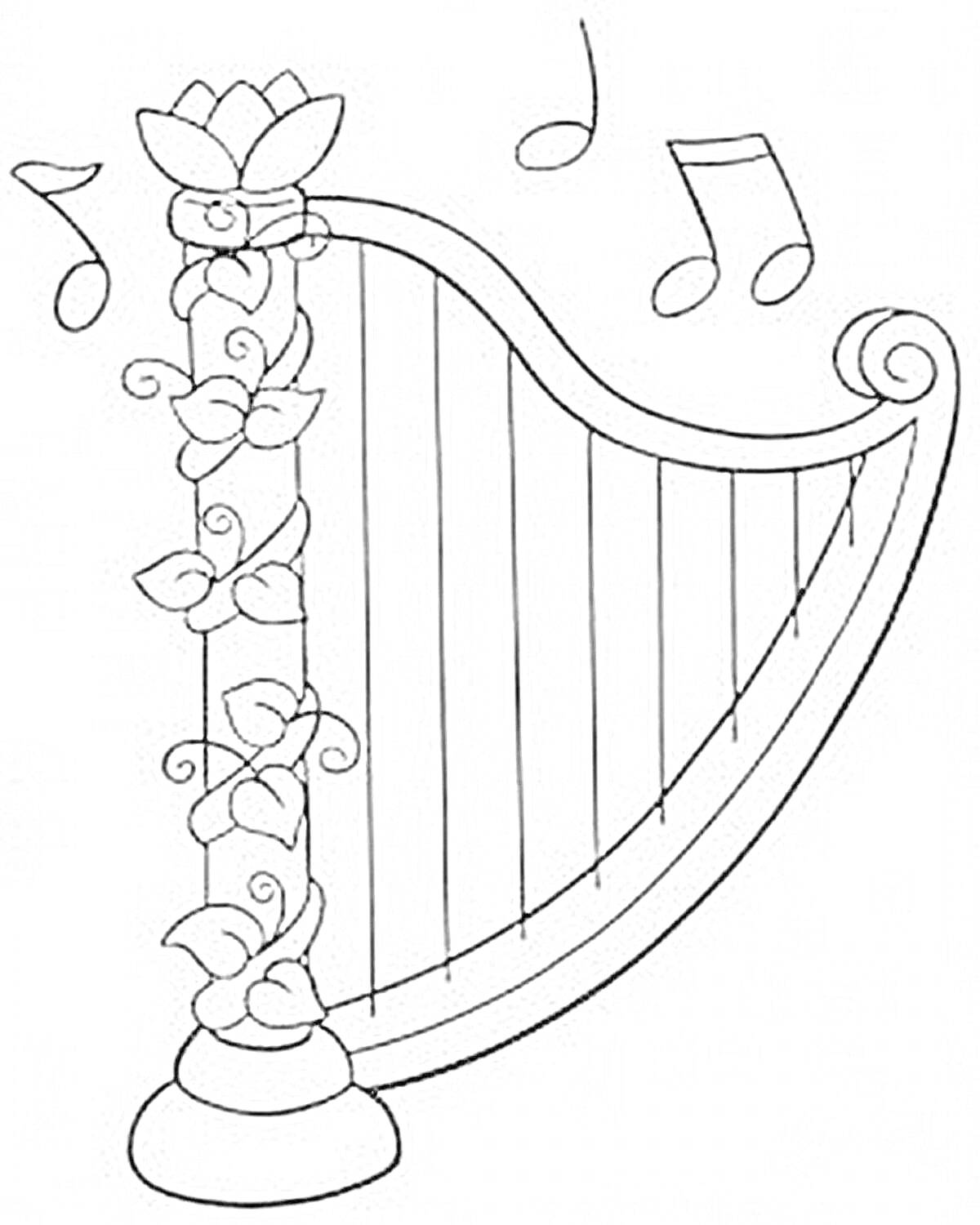 На раскраске изображено: Арфа, Ноты, Музыка, Инструмент, Листья, Для детей, Музыкальные ноты