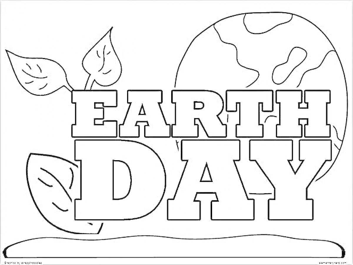 Раскраска Земной шар с континентами, текст EARTH DAY, листья