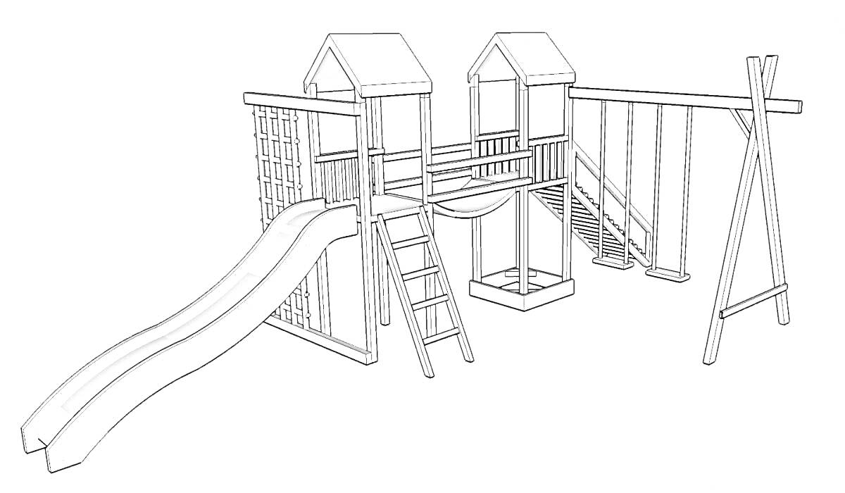 Раскраска Детская игровая площадка с горкой и качелями