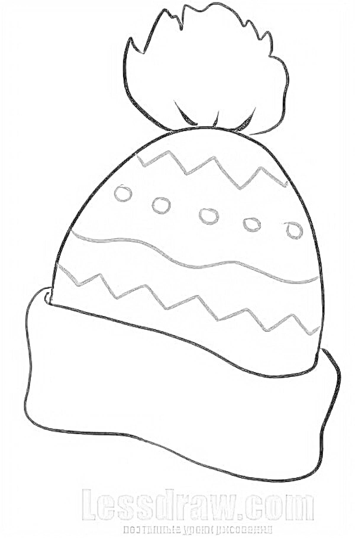 На раскраске изображено: Зимняя шапка, Отворот, Зигзаги, Точки, Зима, Одежда, Аксессуар