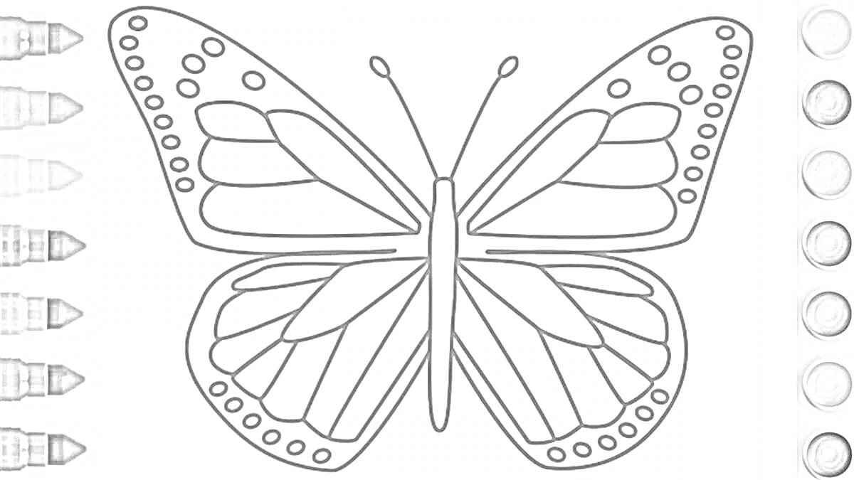 На раскраске изображено: Бабочка, Карандаши, Краски, Узоры, Крылья, Антенны, Круги