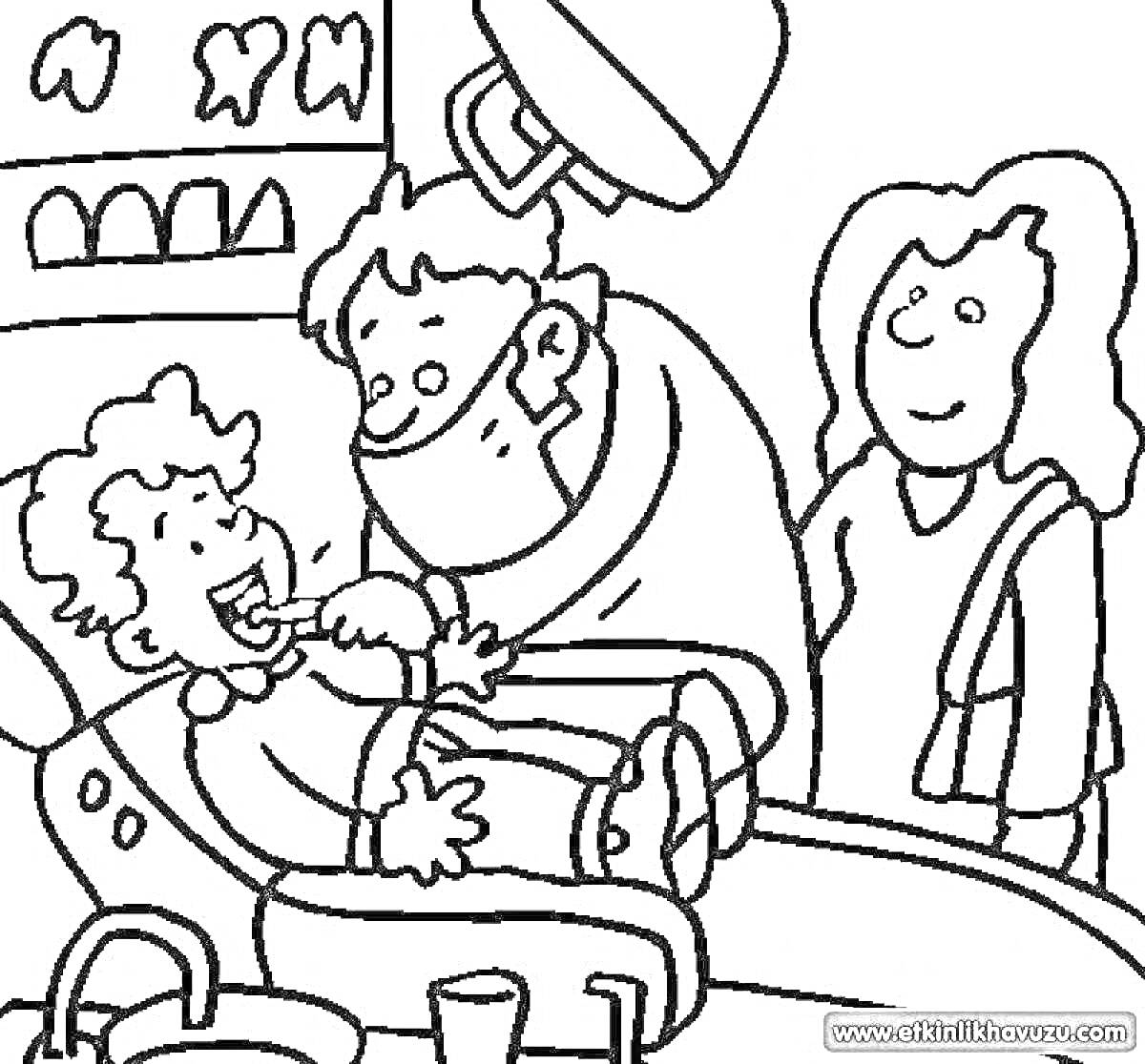 Раскраска Стоматолог осматривает ребенка у зубного кресла с родителем, находящимся рядом