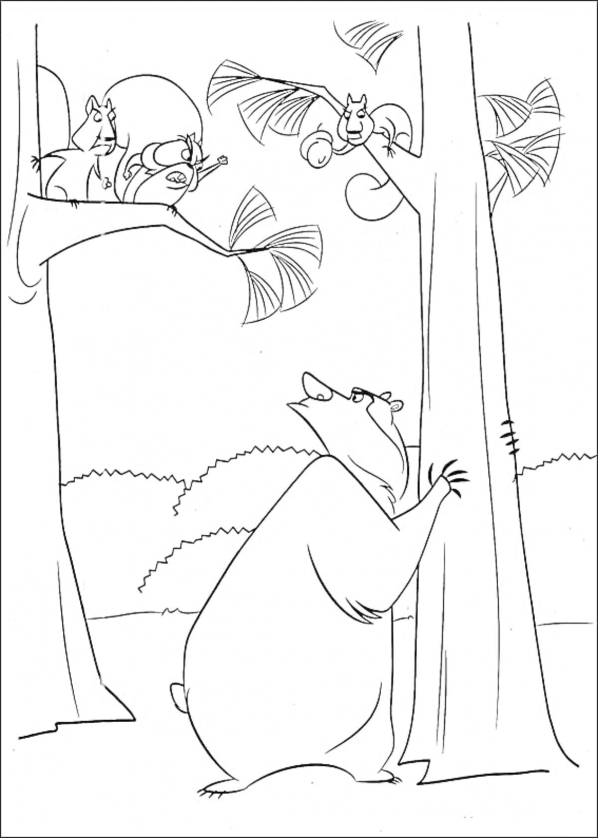 На раскраске изображено: Медведь, Белка, Лес, Поляна, Природа, Из мультфильмов, Деревья, Животные