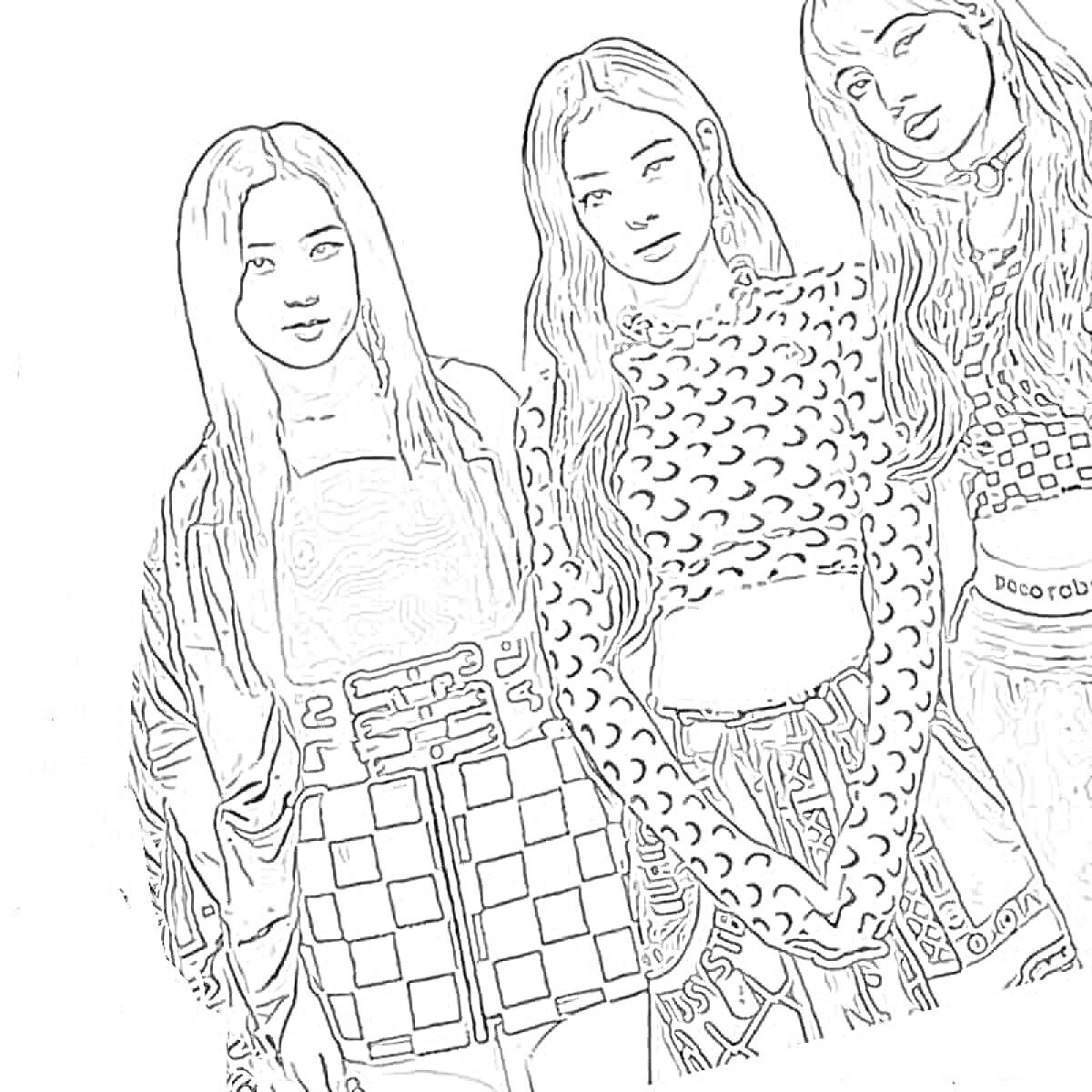 На раскраске изображено: Блэк пинк, Три девушки, Стильная одежда, Мода, Девочка