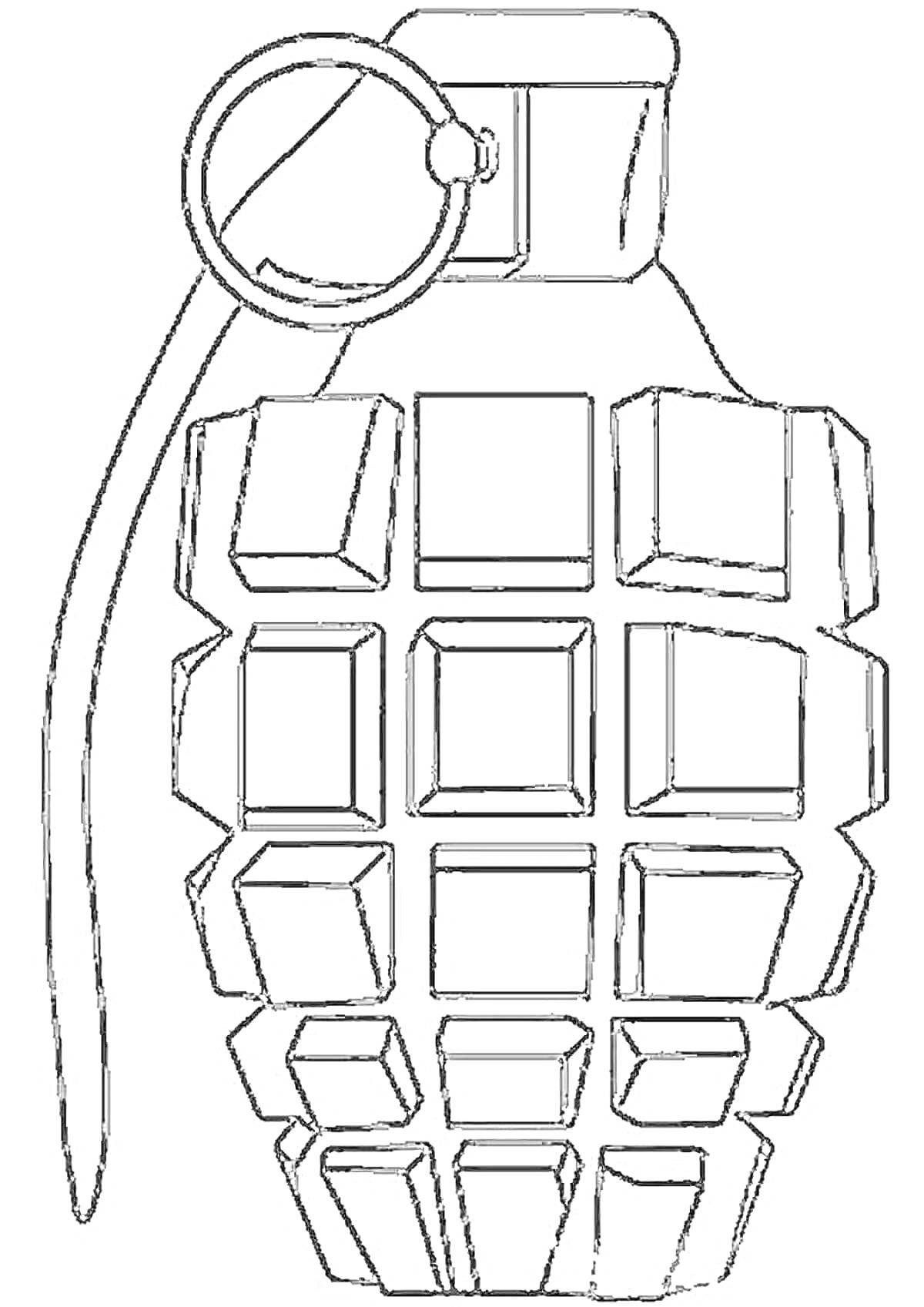 Раскраска Ручная граната с квадратными сегментами и чекой