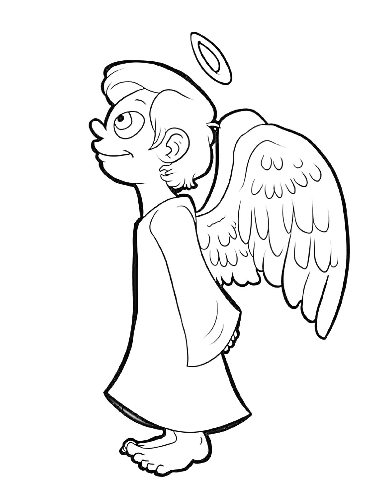 Раскраска Ангел с крыльями и нимбом, стоящий боком
