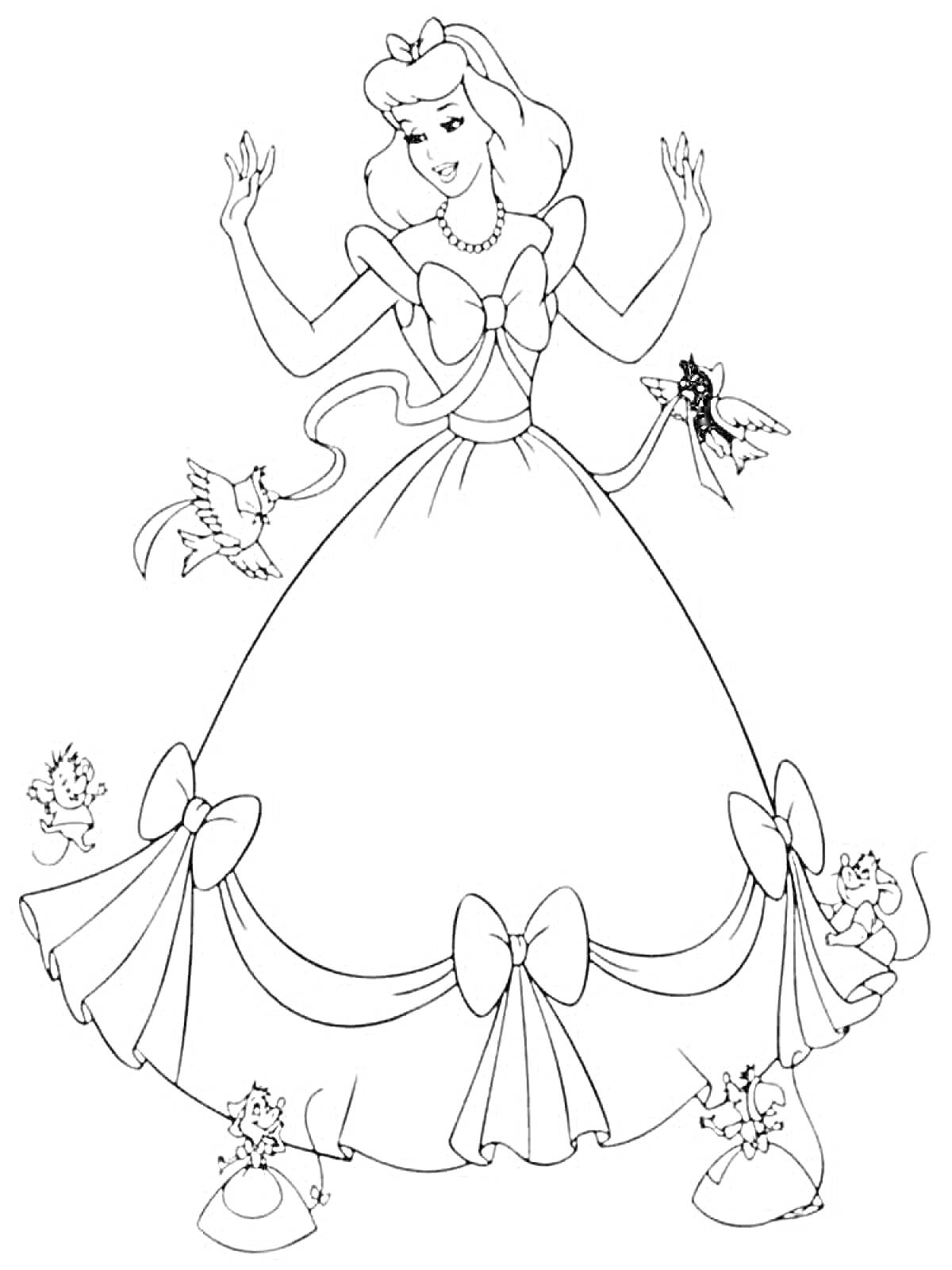 Раскраска Золушка в пышном платье с бантиками, окружённая птицами и мышами