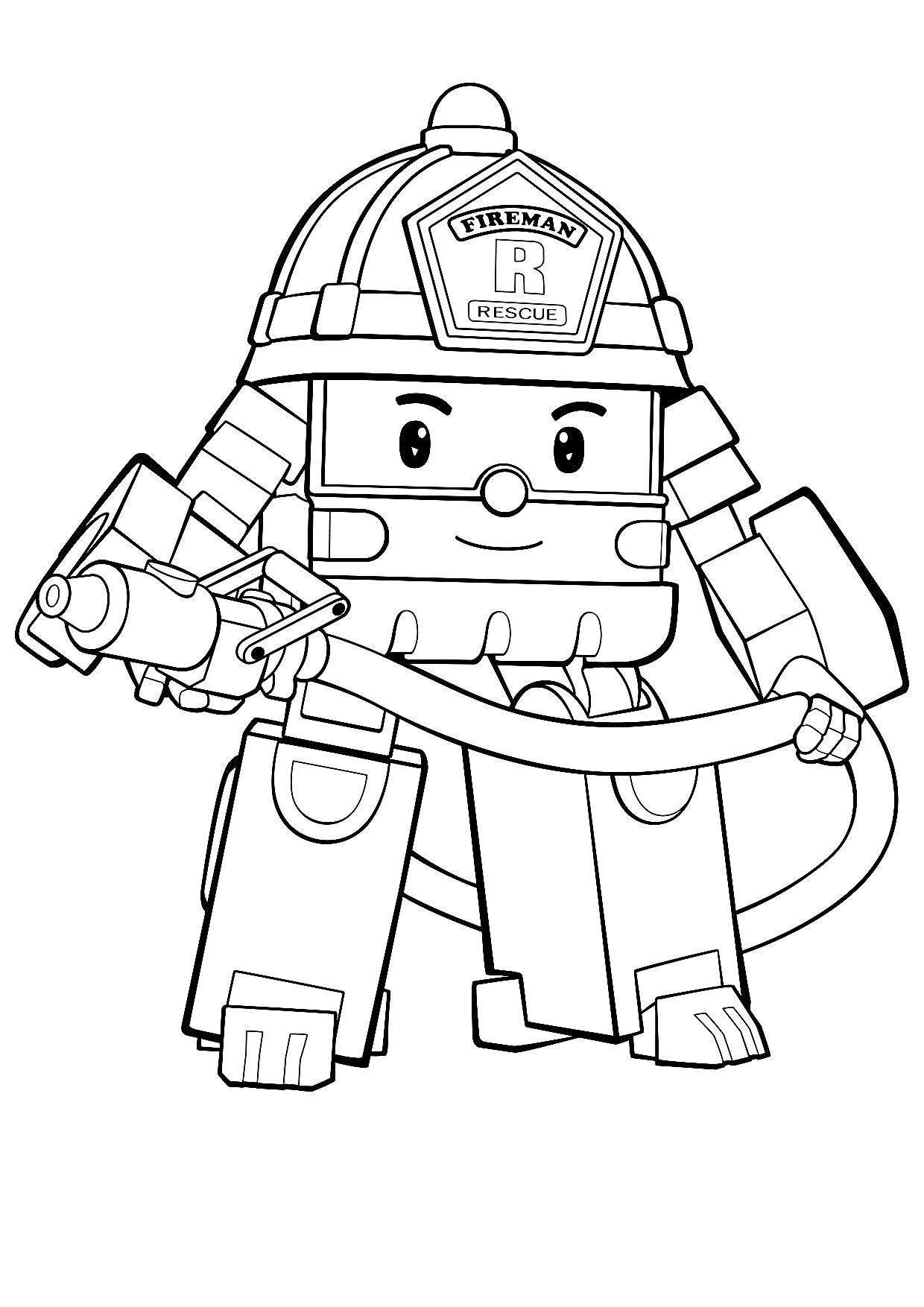 Раскраска Поли Робокар пожарный с пожарным шлангом и каской