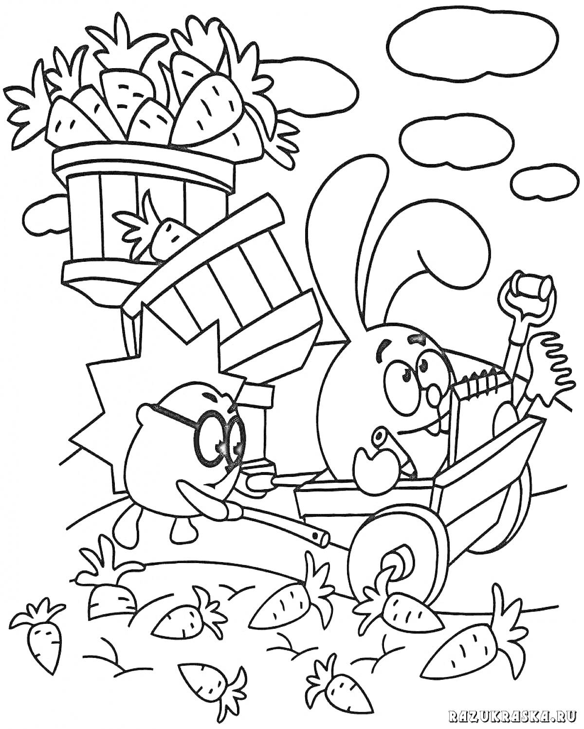 Раскраска Смешарики - Крош и Ёжик собирают морковь возле тележки с пустым ведром и корзиной, из которой высыпается морковь