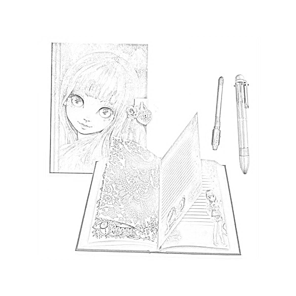 Раскраска Раскраска Nebulous Stars с изображением девушки, с узорами и текстом внутри, две ручки