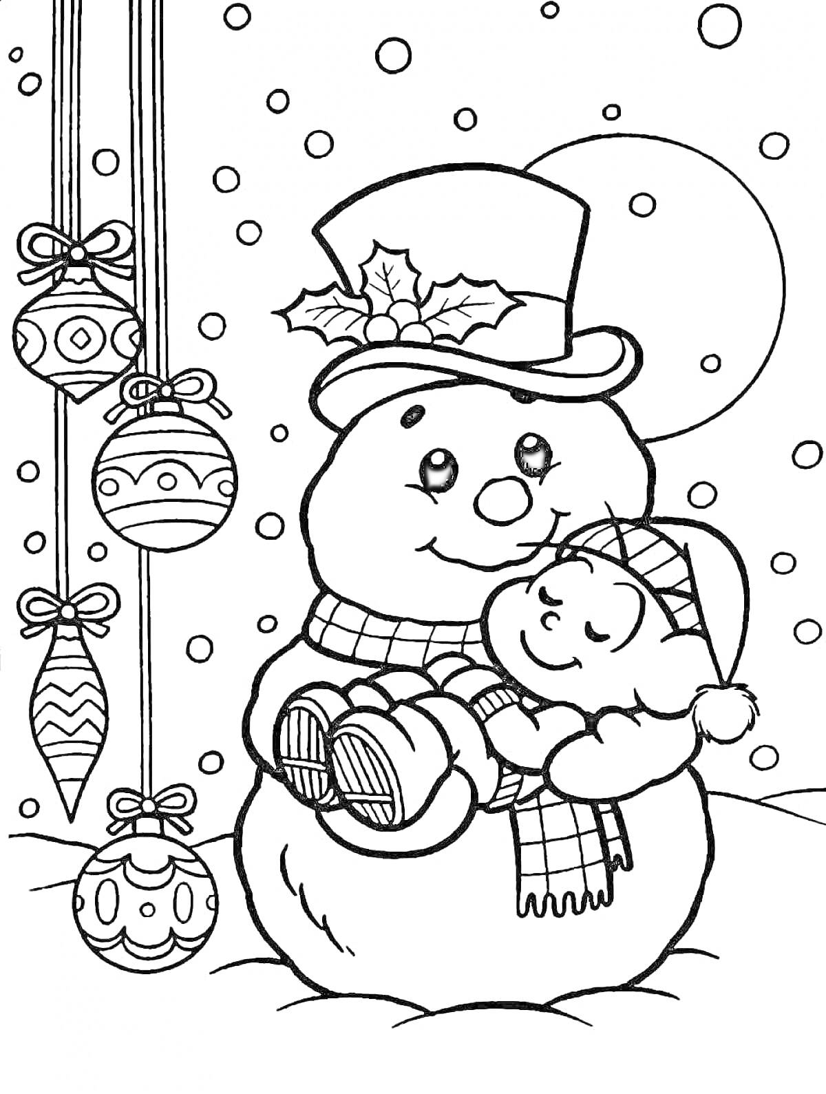 Раскраска Снеговик в цилиндре держит малыша возле ёлочных украшений и ночного неба