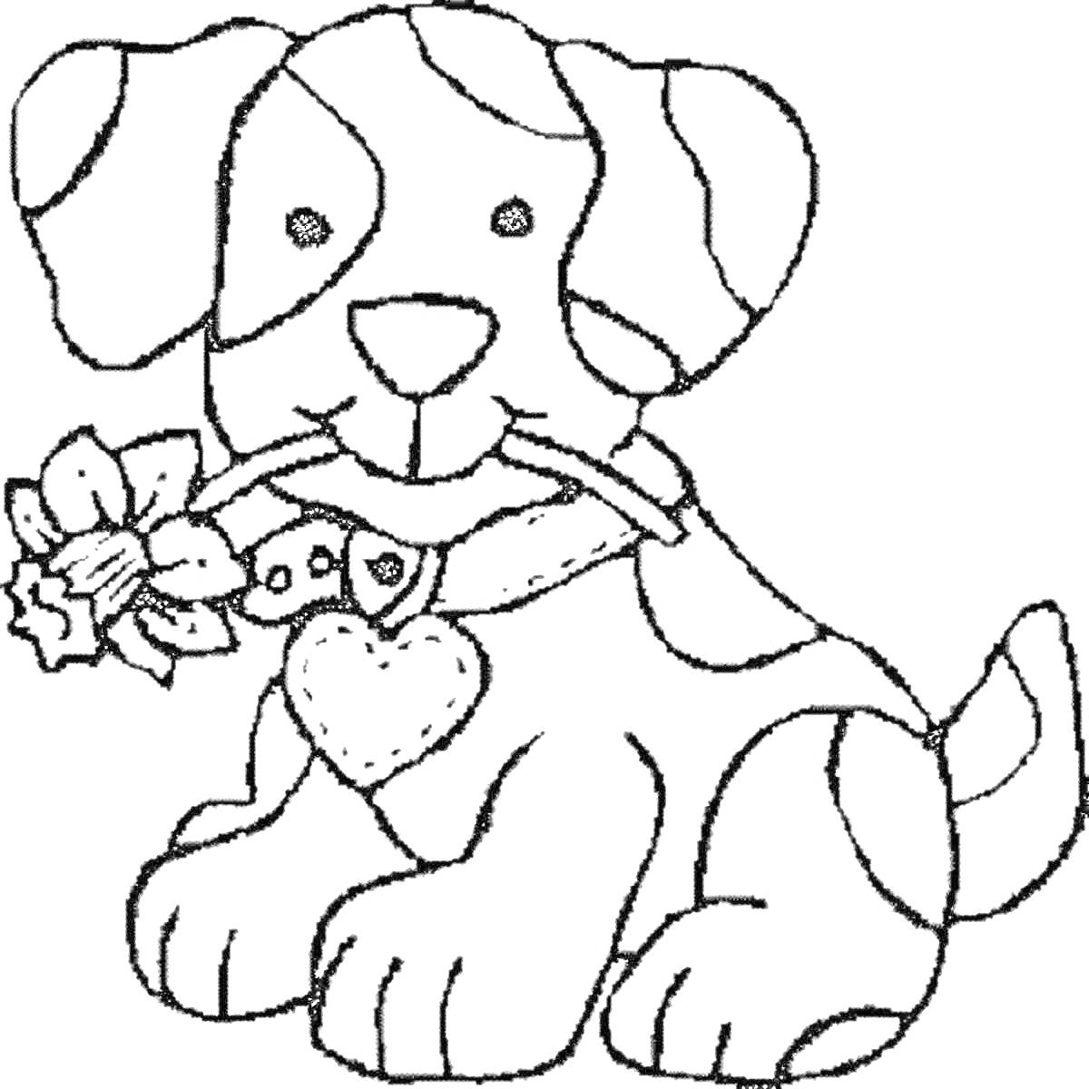 На раскраске изображено: Ошейник, Собака, Для детей, Цветы, Сердца