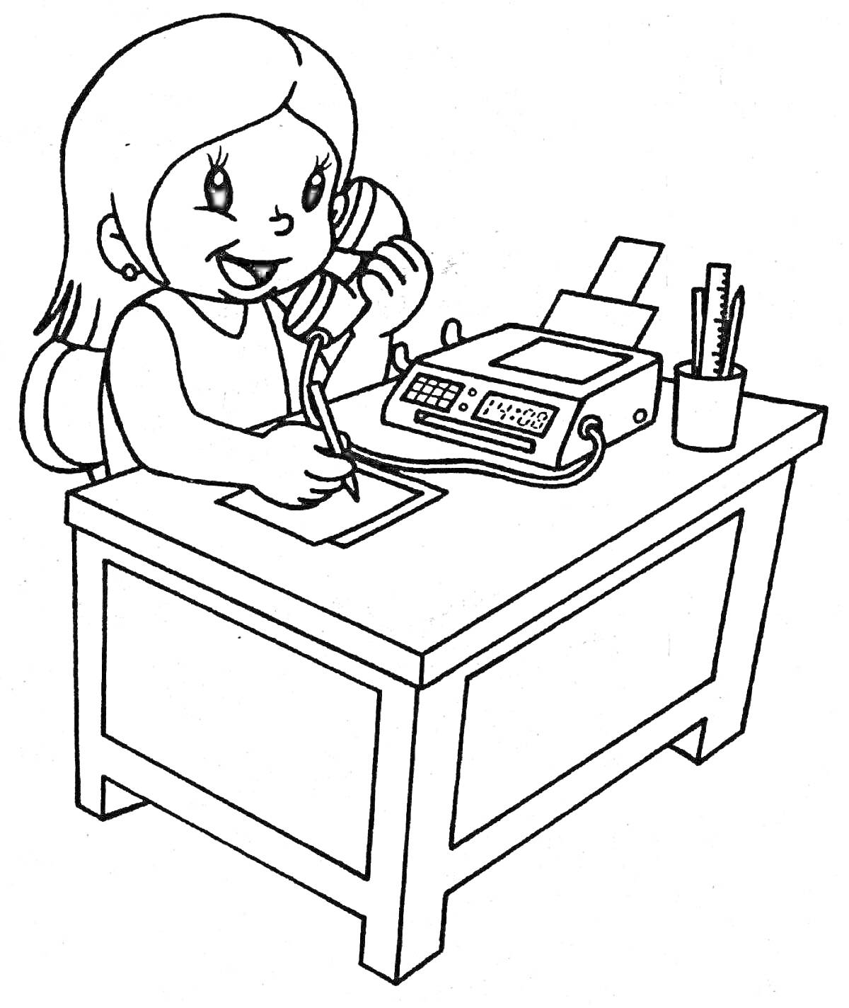 На раскраске изображено: Бухгалтер, Офис, Рабочий стол, Калькулятор, Телефон, Канцелярия, Человек, Работа, Профессия, Женщина