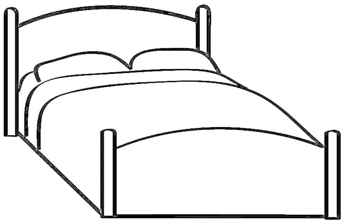 Раскраска кровать с подушками и одеялом