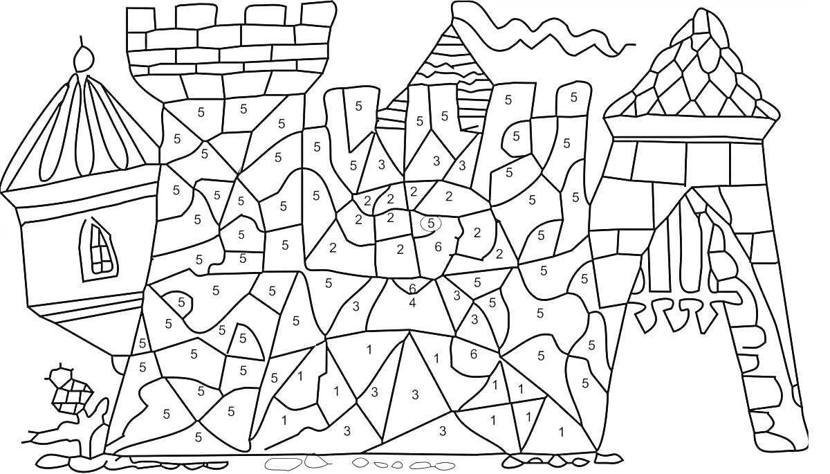 Раскраска Раскраска - замок с флагом, башня, арка, небольшое растение