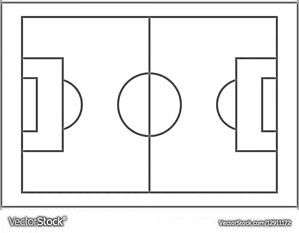 На раскраске изображено: Футбольное поле, Разметка, Ворота, Центральный круг