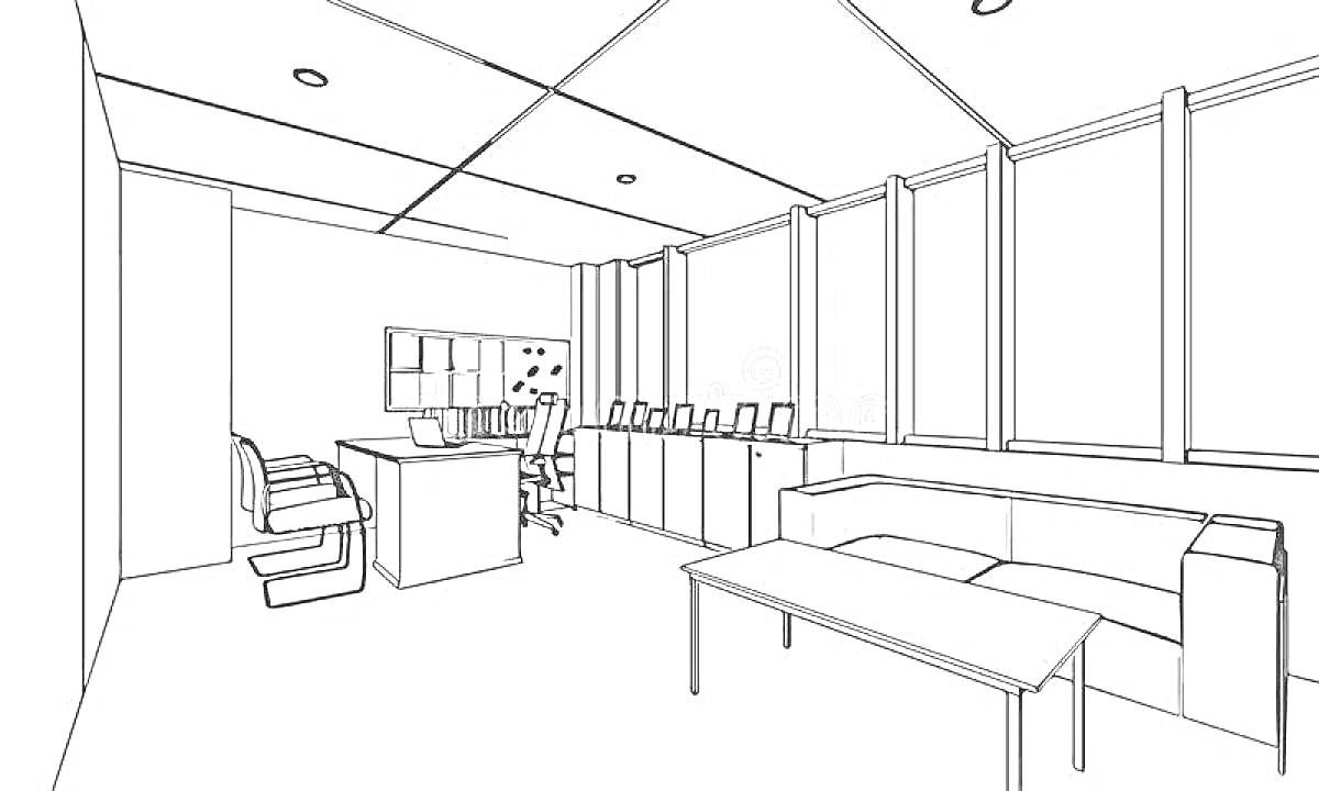 На раскраске изображено: Офис, Письменный стол, Диван, Журнальный столик, Рабочее место, Окна, Потолок