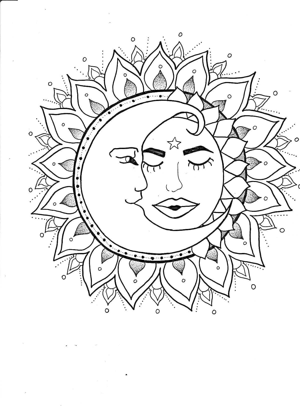 Раскраска Луна и солнце с человеческими лицами внутри цветочного круга