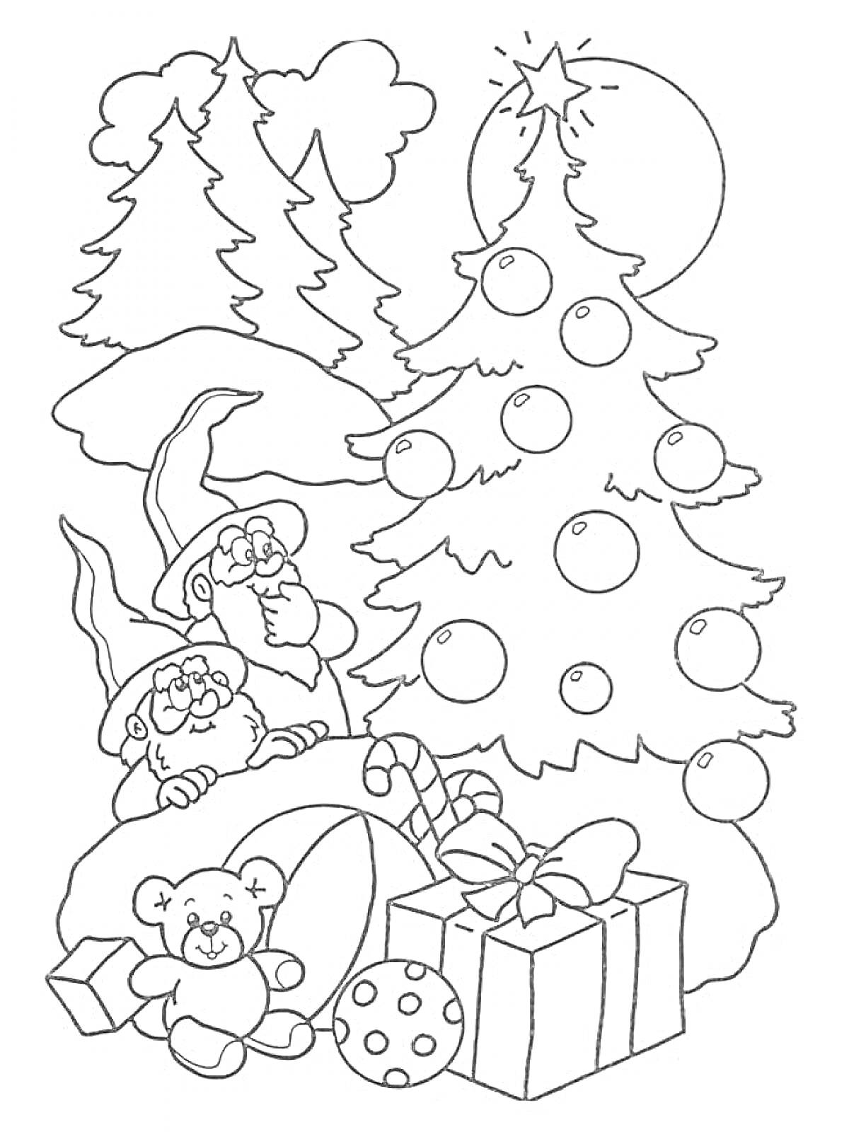 Два новогодних эльфа рядом с ёлкой, игрушечным мишкой, подарками, ёлочными шарами, конфетой и ёлками на заднем плане под луной