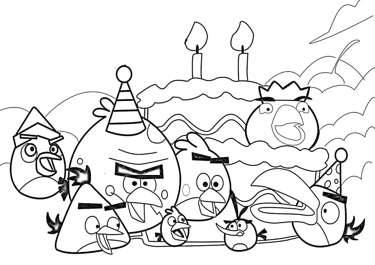 На раскраске изображено: Торт, Свечи, Вечеринка, Корона, Из мультфильмов, Шапка, Персонаж