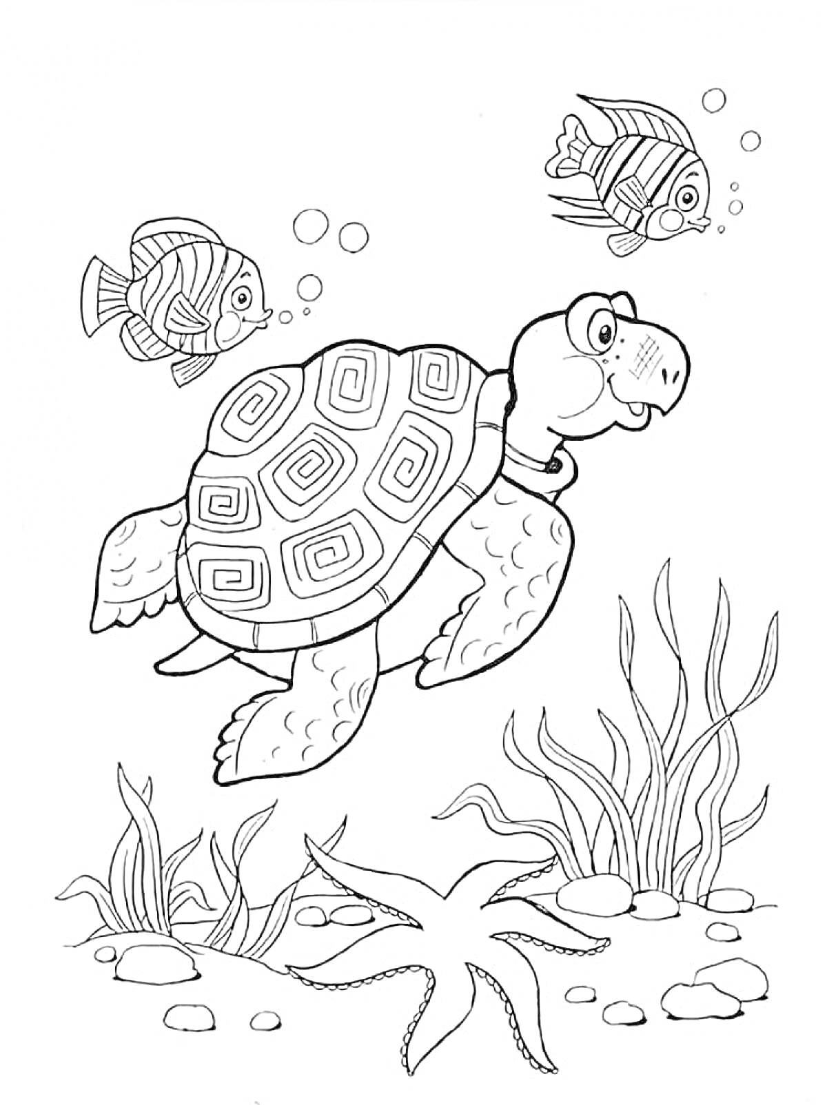 На раскраске изображено: Черепаха, Водоросли, Под водой, Подводный мир, Растения, Рыба, Океаны, Морские звезды, Морские животные