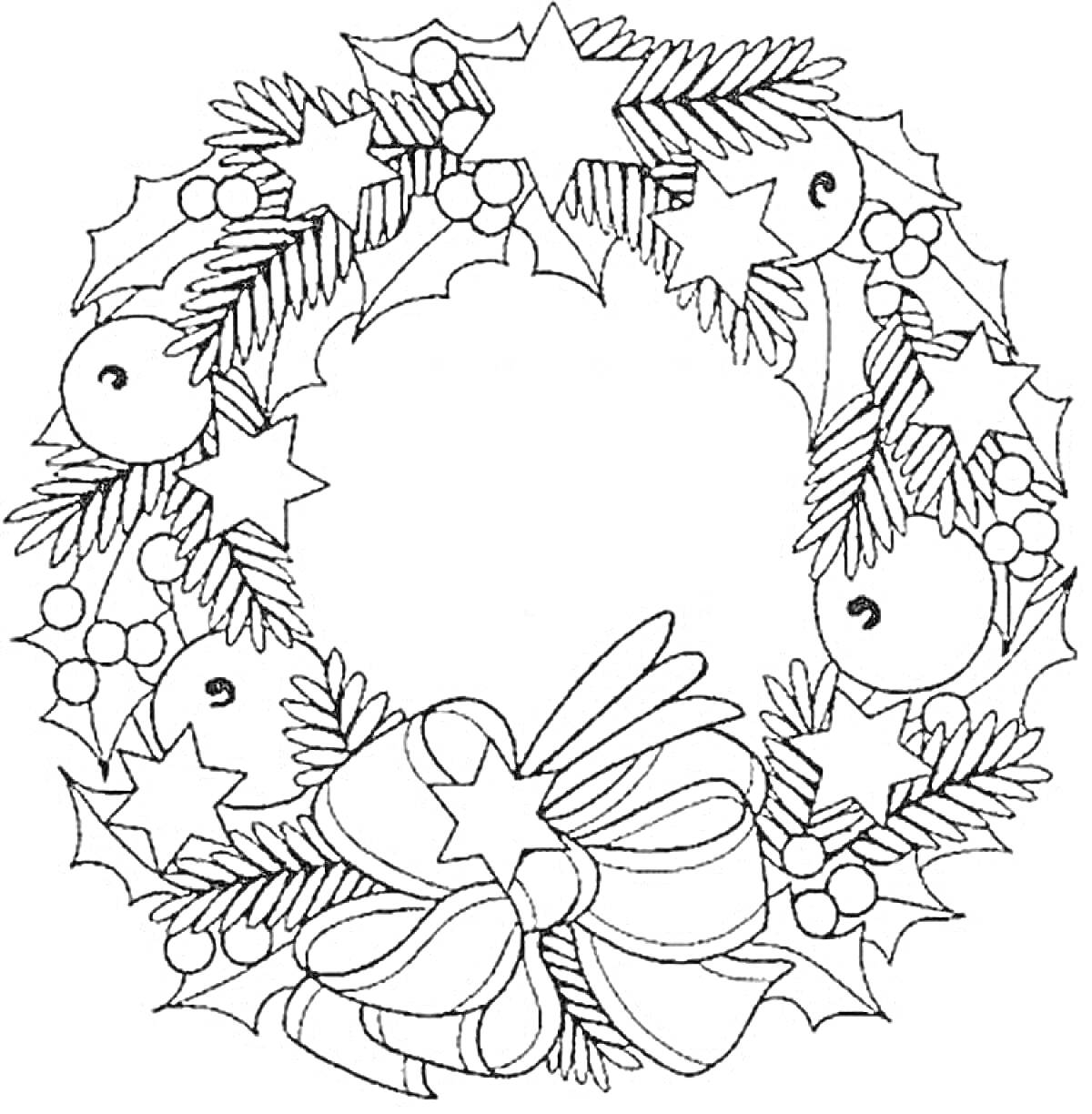 Раскраска Рождественский венок с шишками, звездочками, лентами, колокольчиками и ягодами
