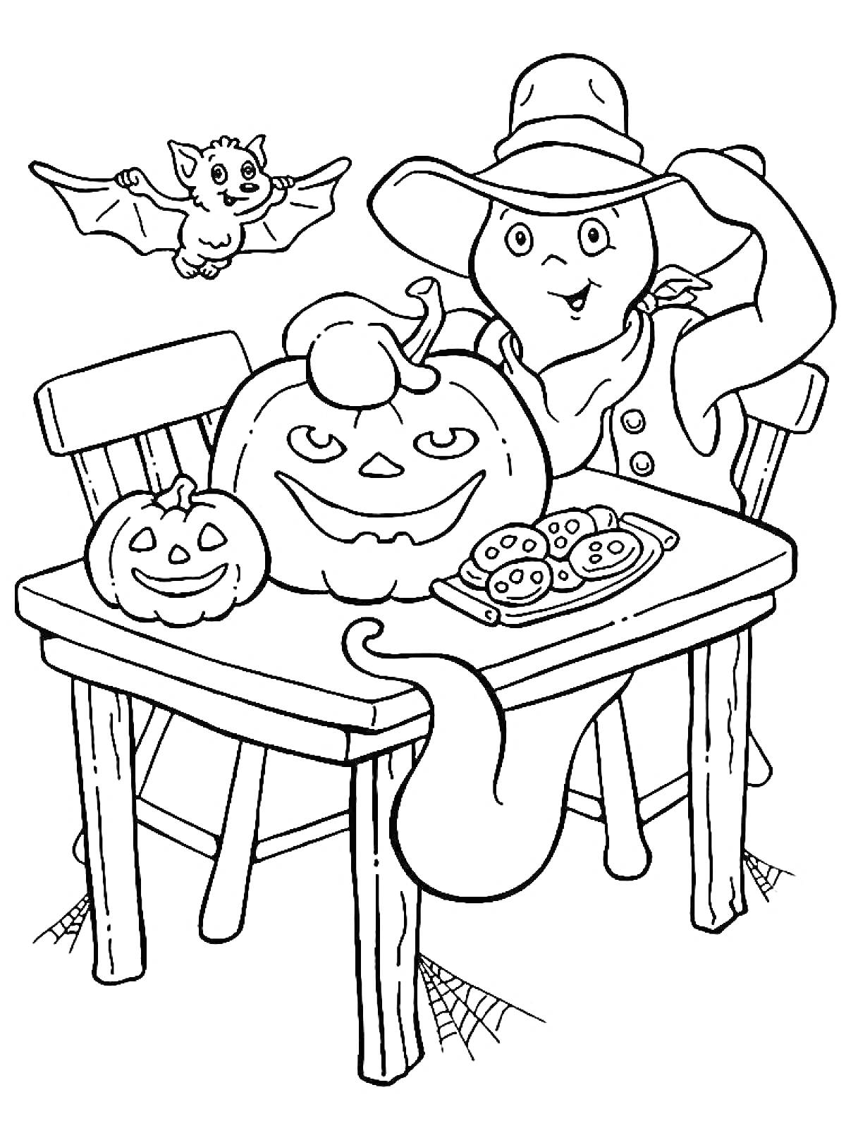 Раскраска Призрак в шляпе с тыквой и летучей мышью на столе для Хэллоуина
