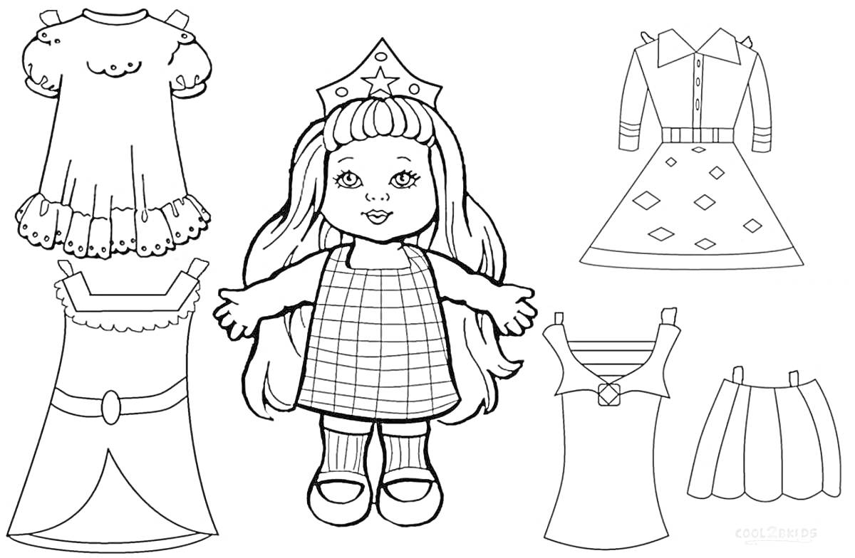 Раскраска Куколка с короной и пять платьев