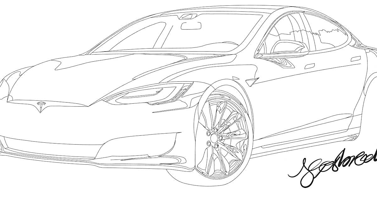 Раскраска Тесла модель S передний вид с деталями кузова и колёс, подпись на изображении