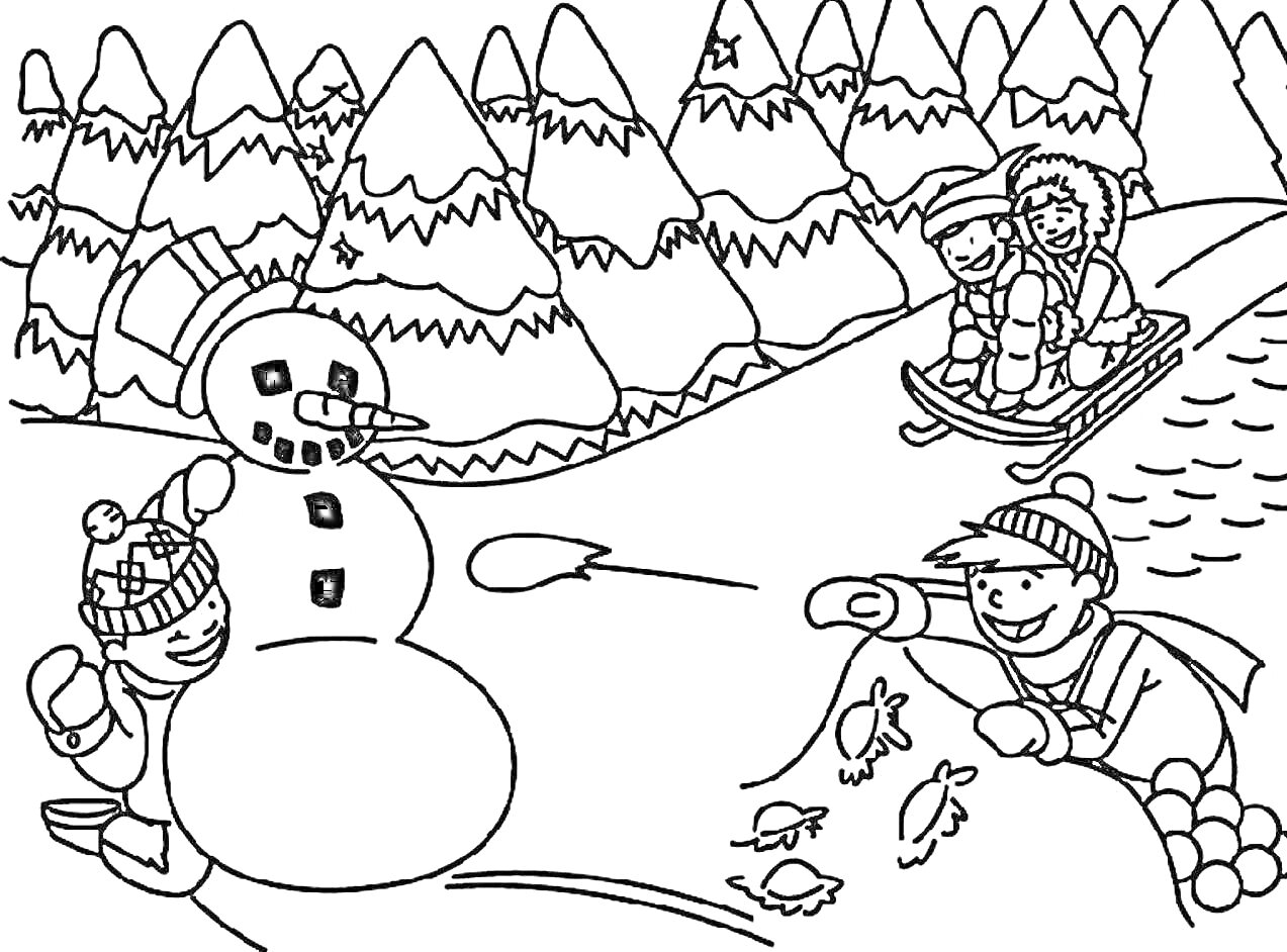 Раскраска дети играют в снежки со снеговиком, рыбалка на льду, двое детей на санках, заснеженный лес