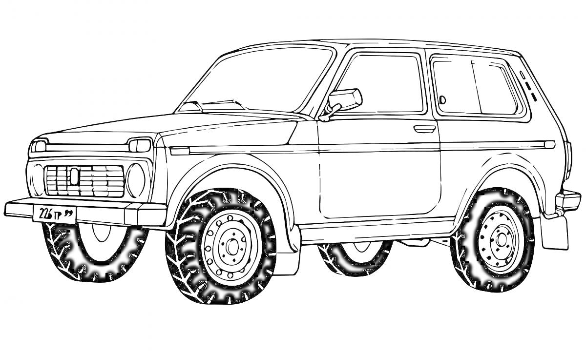Раскраска Нива, внедорожник сбоку, на больших колесах, с зеркалом заднего вида и фаркопом.