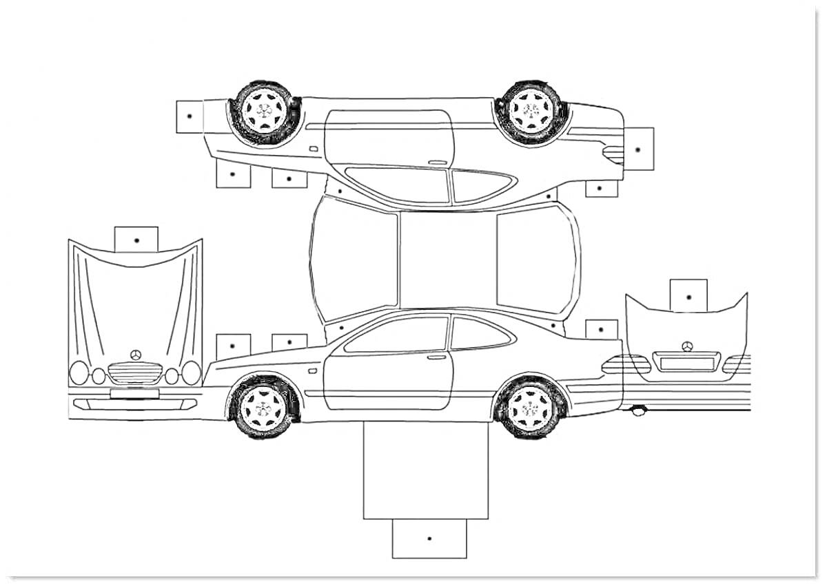 На раскраске изображено: Бумажная модель, Капот, Багажник, Колёса, Бумажное моделирование