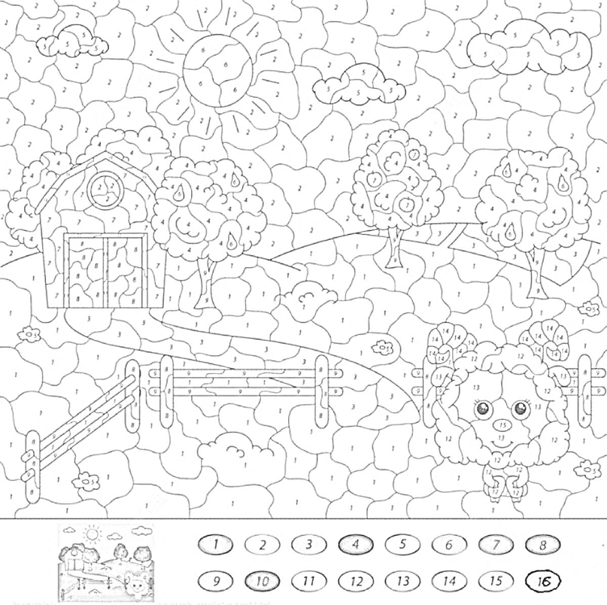 Раскраска Деревенский пейзаж с овцой, сараем, деревьями и солнцем