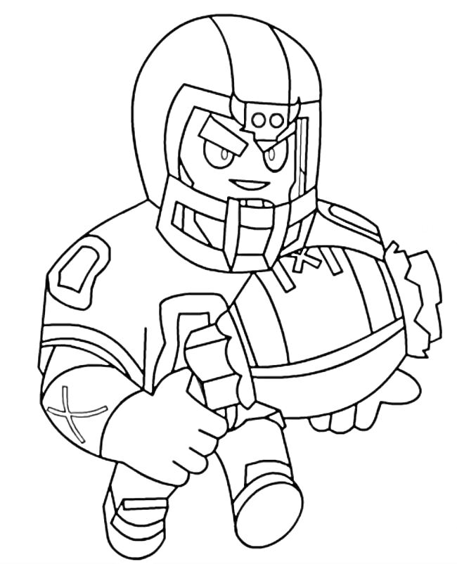 Раскраска Бравл Старс персонаж Булл с американским футболом, в шлеме и с футбольным мячом в руках