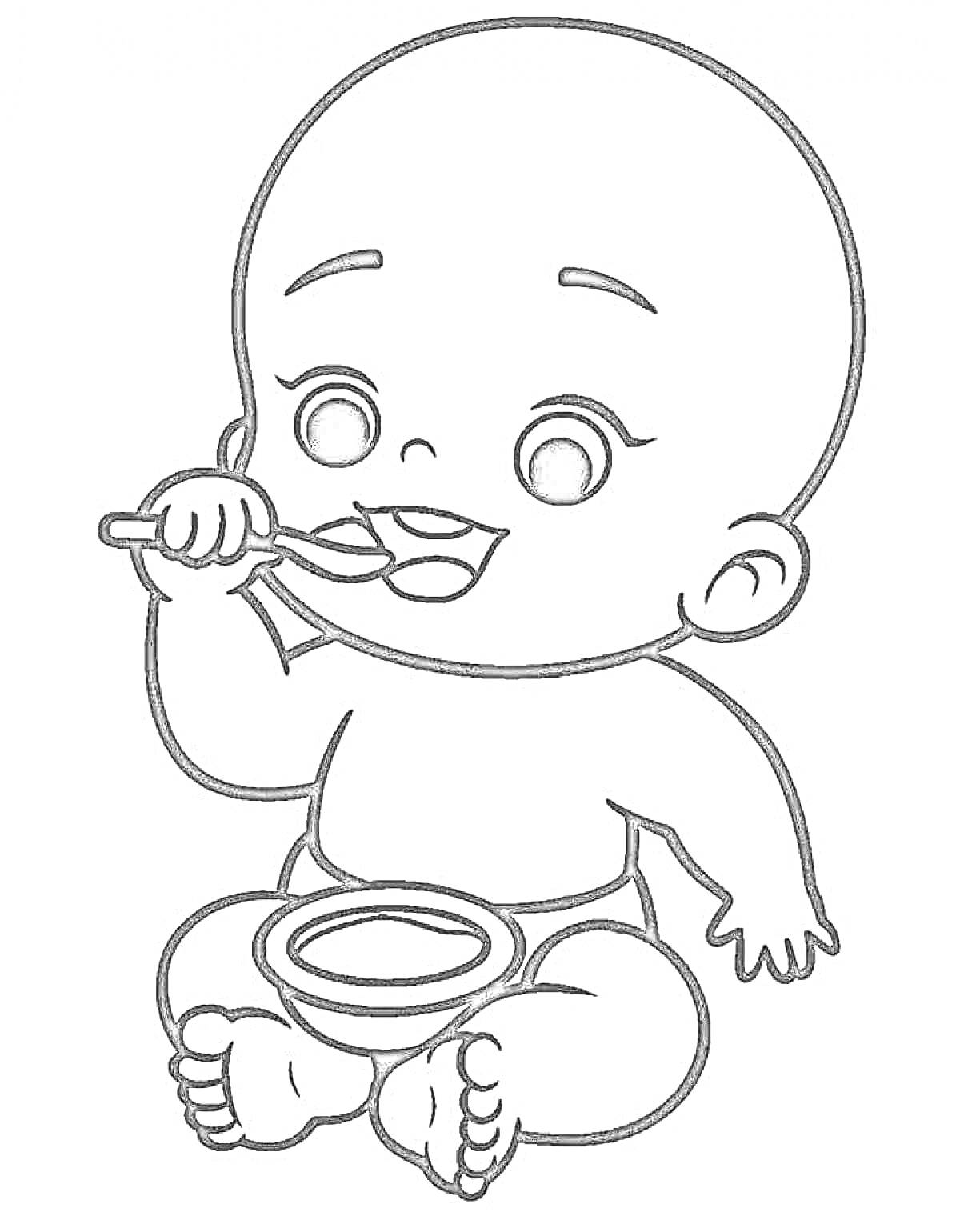 Раскраска Малыш, сидящий с миской и ложкой, ест