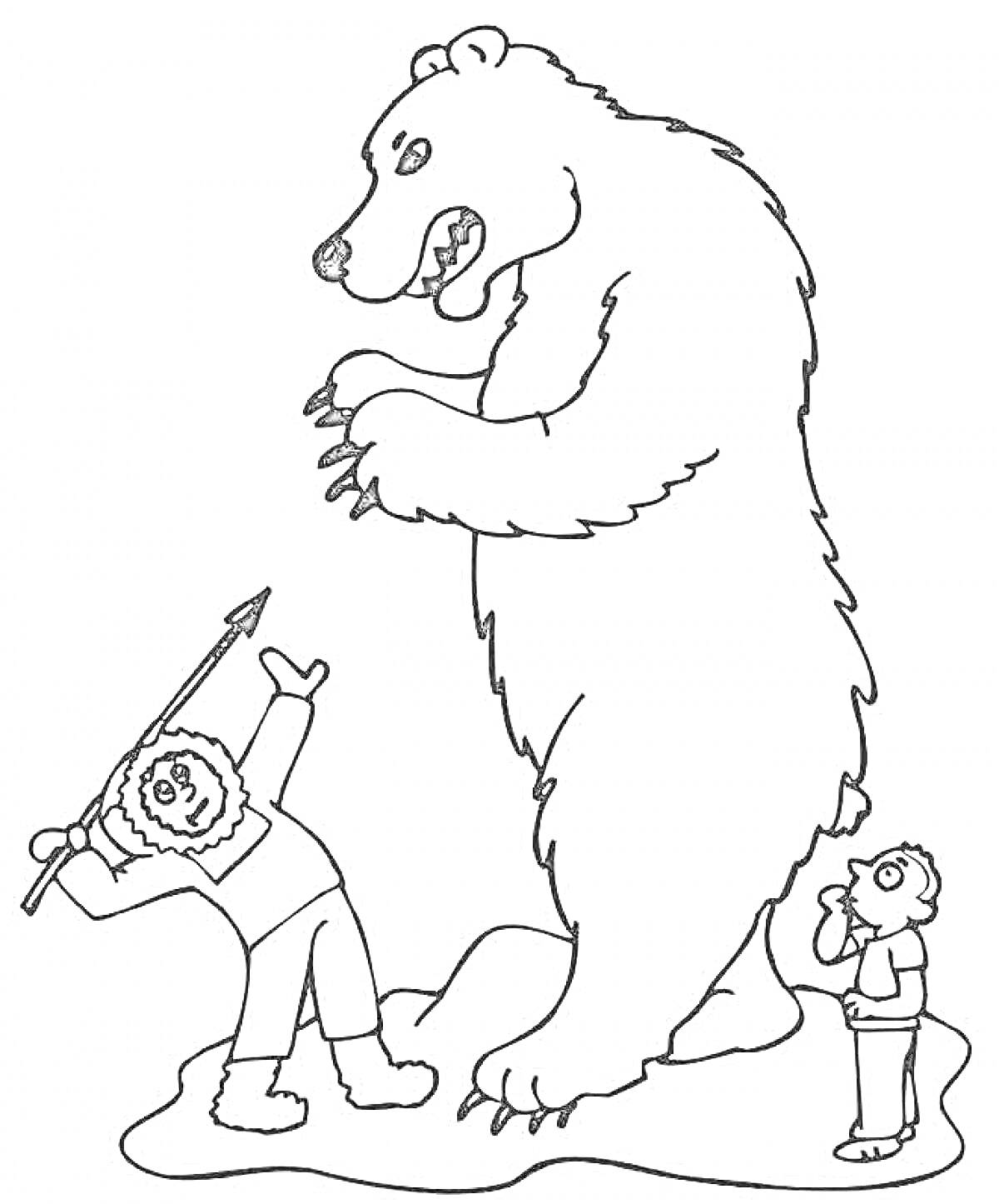 На раскраске изображено: Медведь, Охотник, Мальчик, Лес, Животные, Опасность, Дикая природа, Для детей, Приключения, Копья