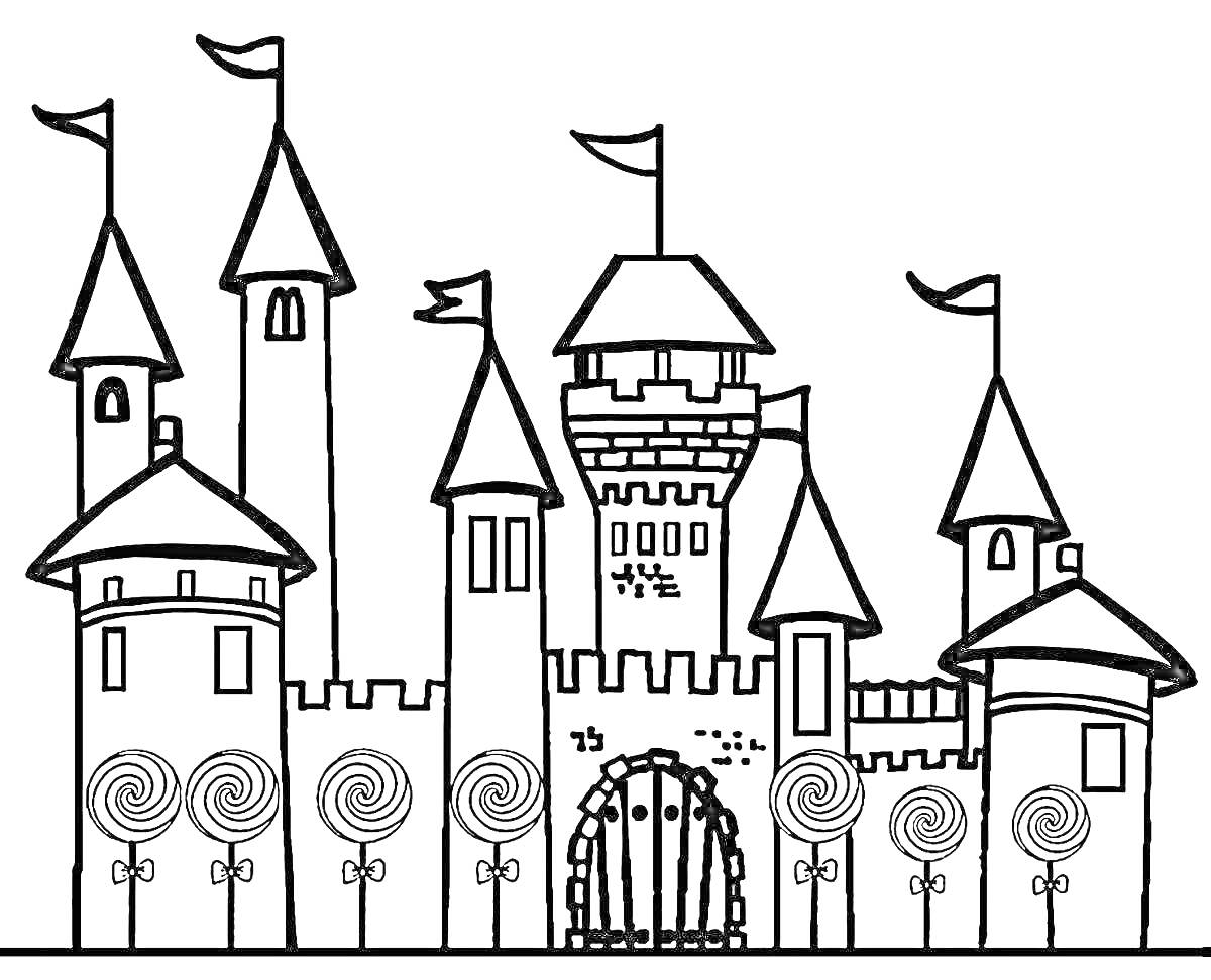 Раскраска Сказочный дворец с башнями, флагами, воротами и декоративными элементами у забора